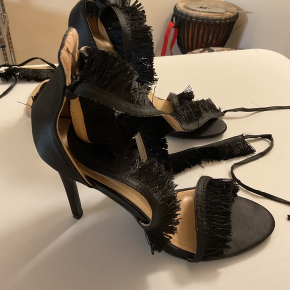 PrettyLittleThing Shoes - PrettyLittleThing Black Fringed Lace-Up Heels